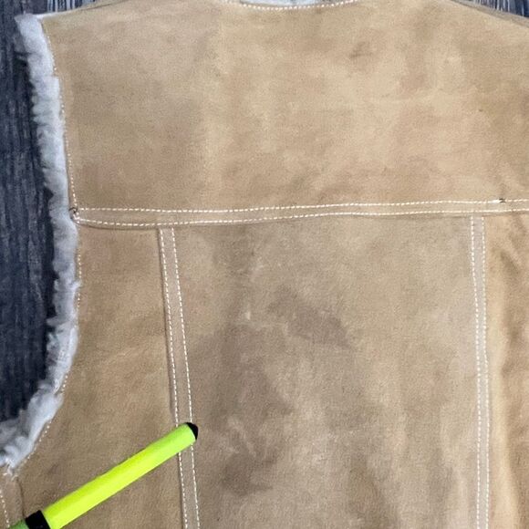 🔥🔥 True Vintage GENUINE LEATHER PILE Tan Suede Western Sherpa Lined VEST Jacke - Picture 11 of 11